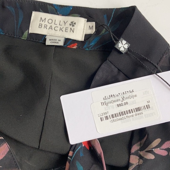 Molly Bracken black floral pleated lined long sheer sleeve swing dress tie neck - Picture 14 of 16